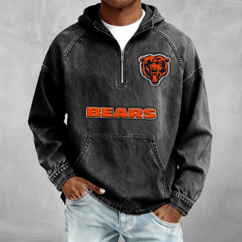 Chicago Bear Men's Half-Zip Denim Hoodie For Fan