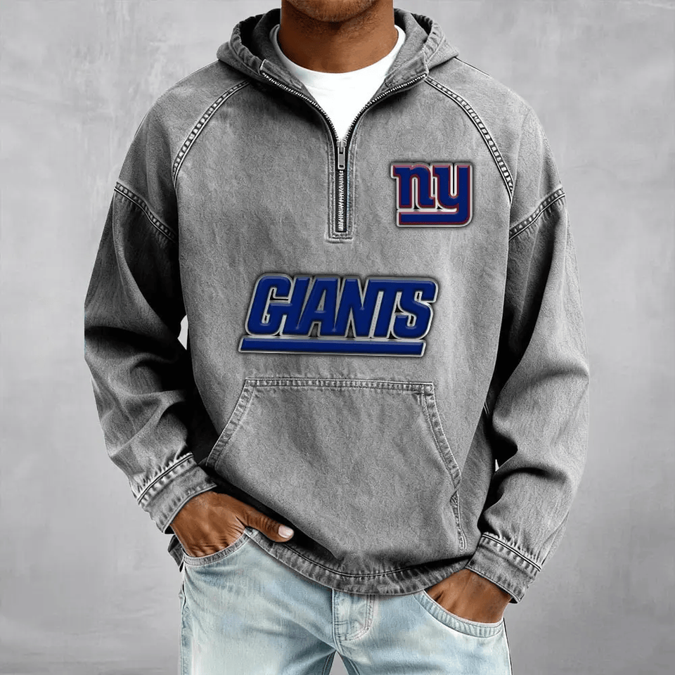 New York Giants Half-Zip Denim Hoodie For Fan