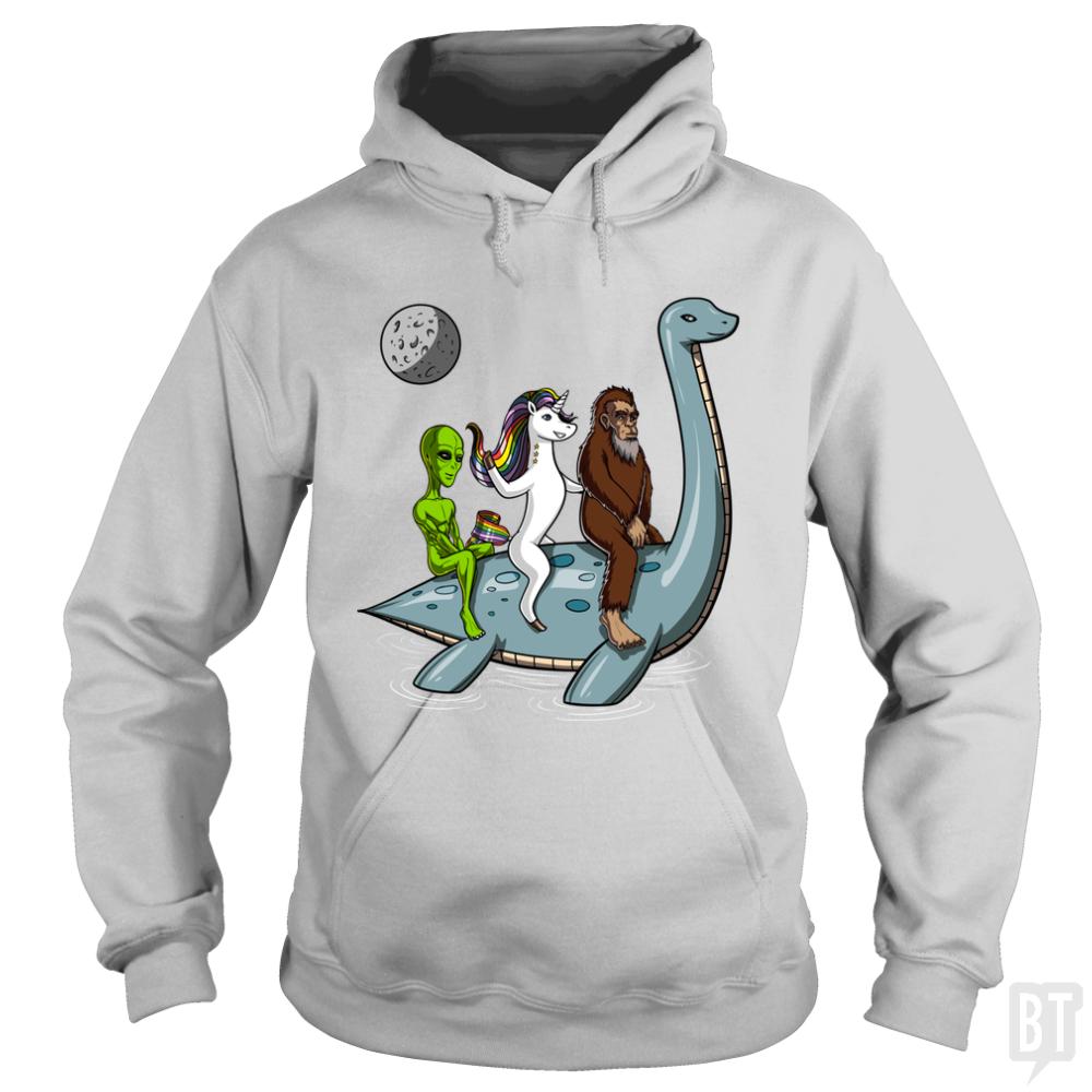 Alien Unicorn Bigfoot Ridding Loch Ness Hoodie