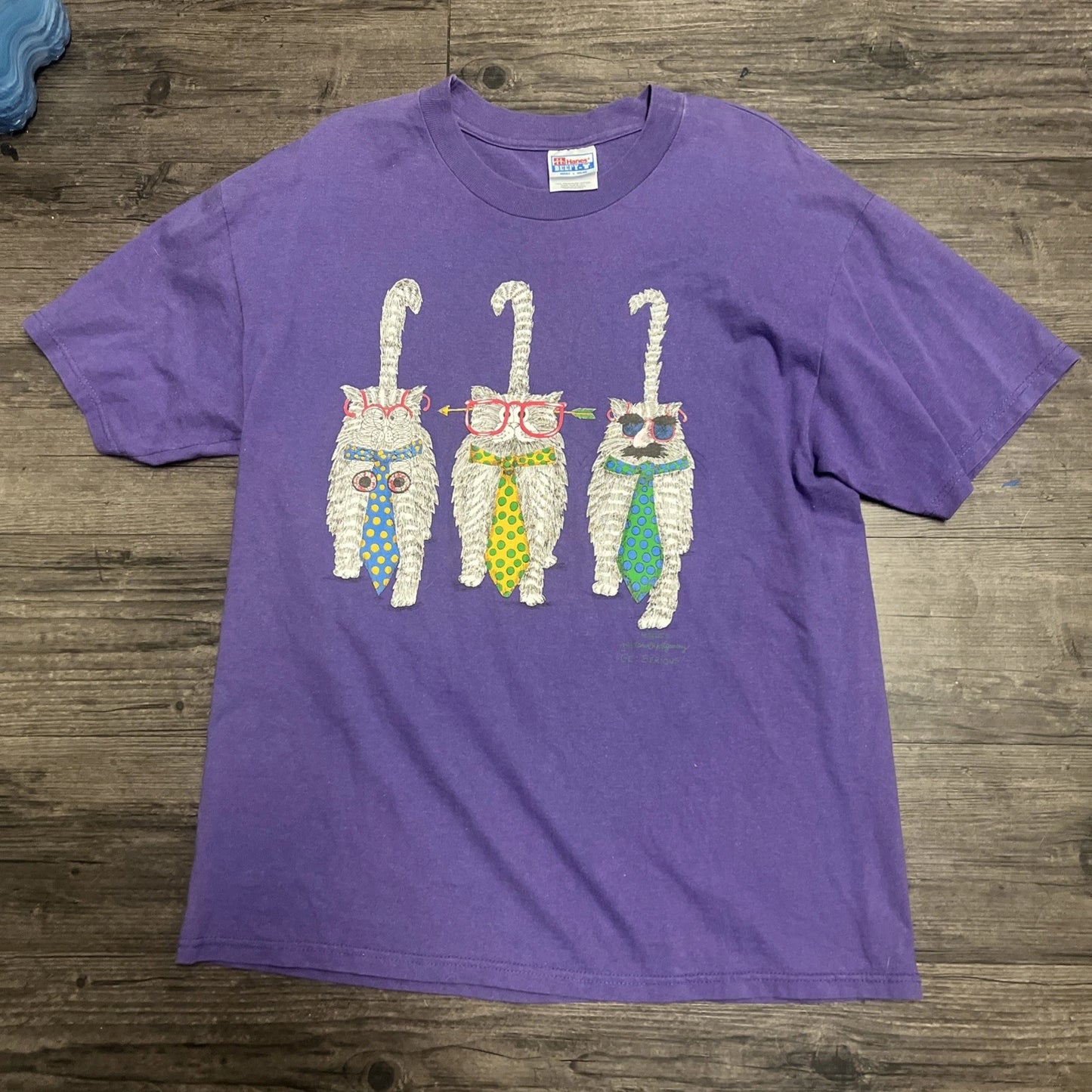 Vtg 90s Abstract Cat AOP Shirt L Single Stitch Art Animal Funny Joke Dog Grunge