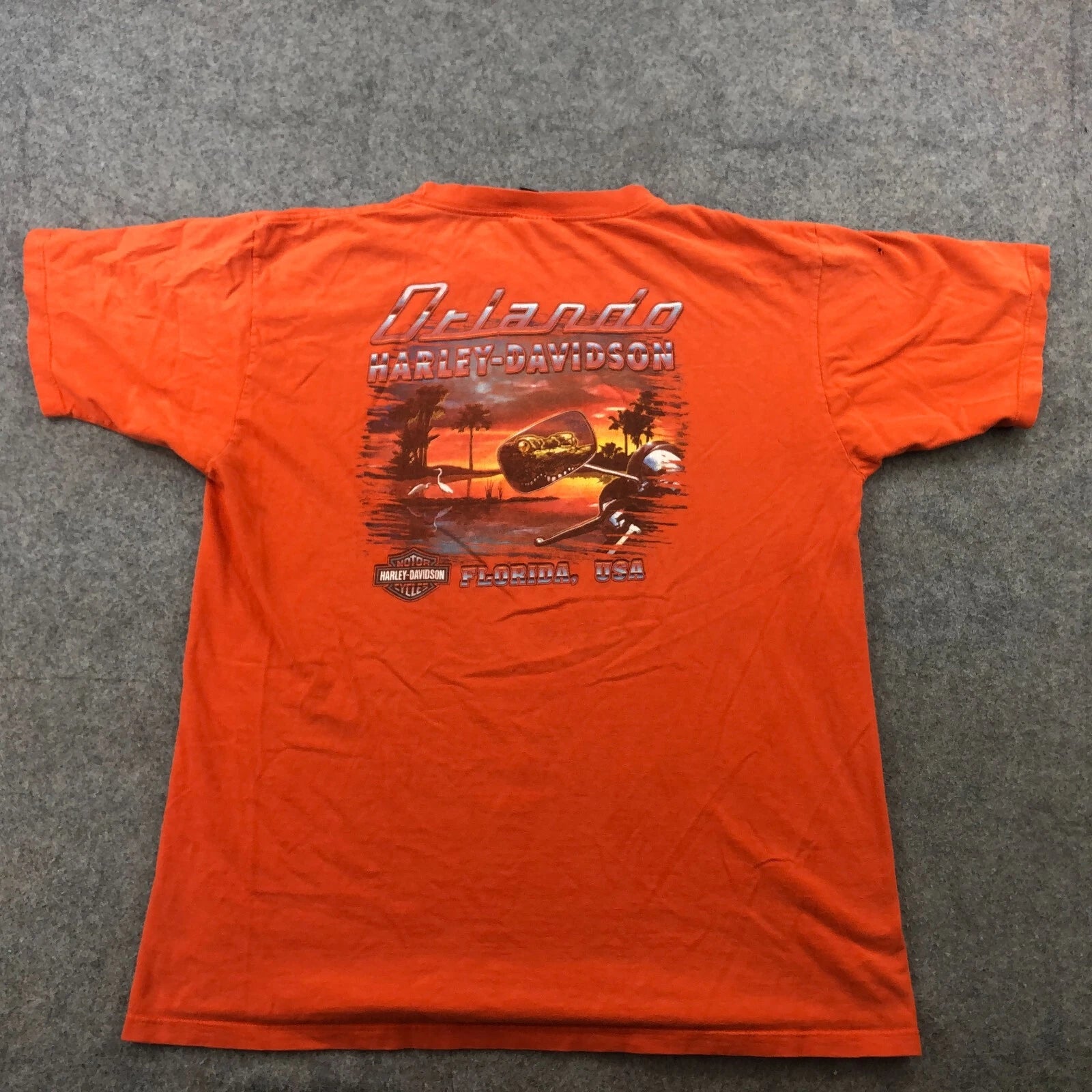Harley Davidson Shirt Men XL Orange Short Sleeve Eagle Beach Aligator Y2K VTG *