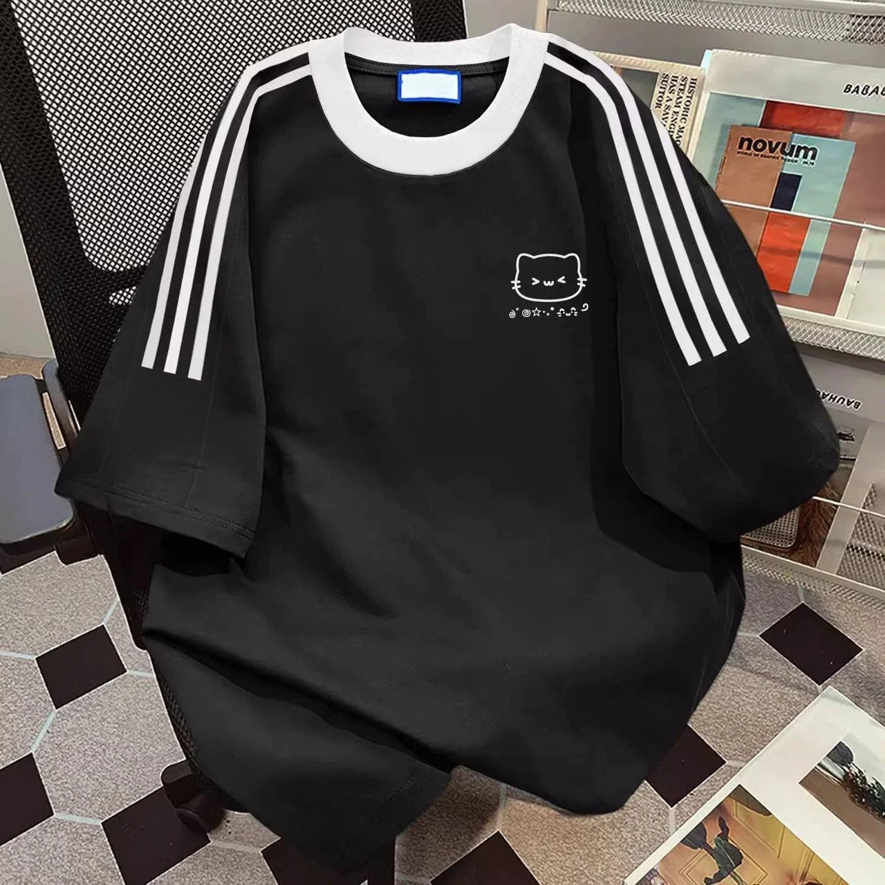 Women Cotton T Shirt Stripe Sleeve Oversized Casual Student Short Sleeve Tee