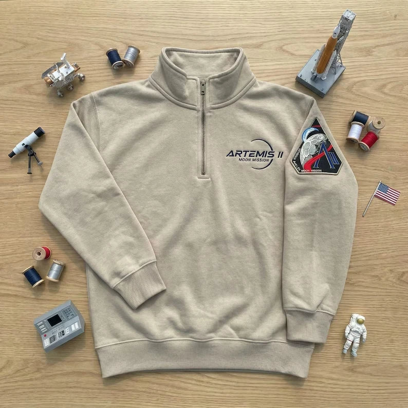 Artemis II Moon Mission Embroidered Quarter Zip Sweatshirt, Space Launch Apparel