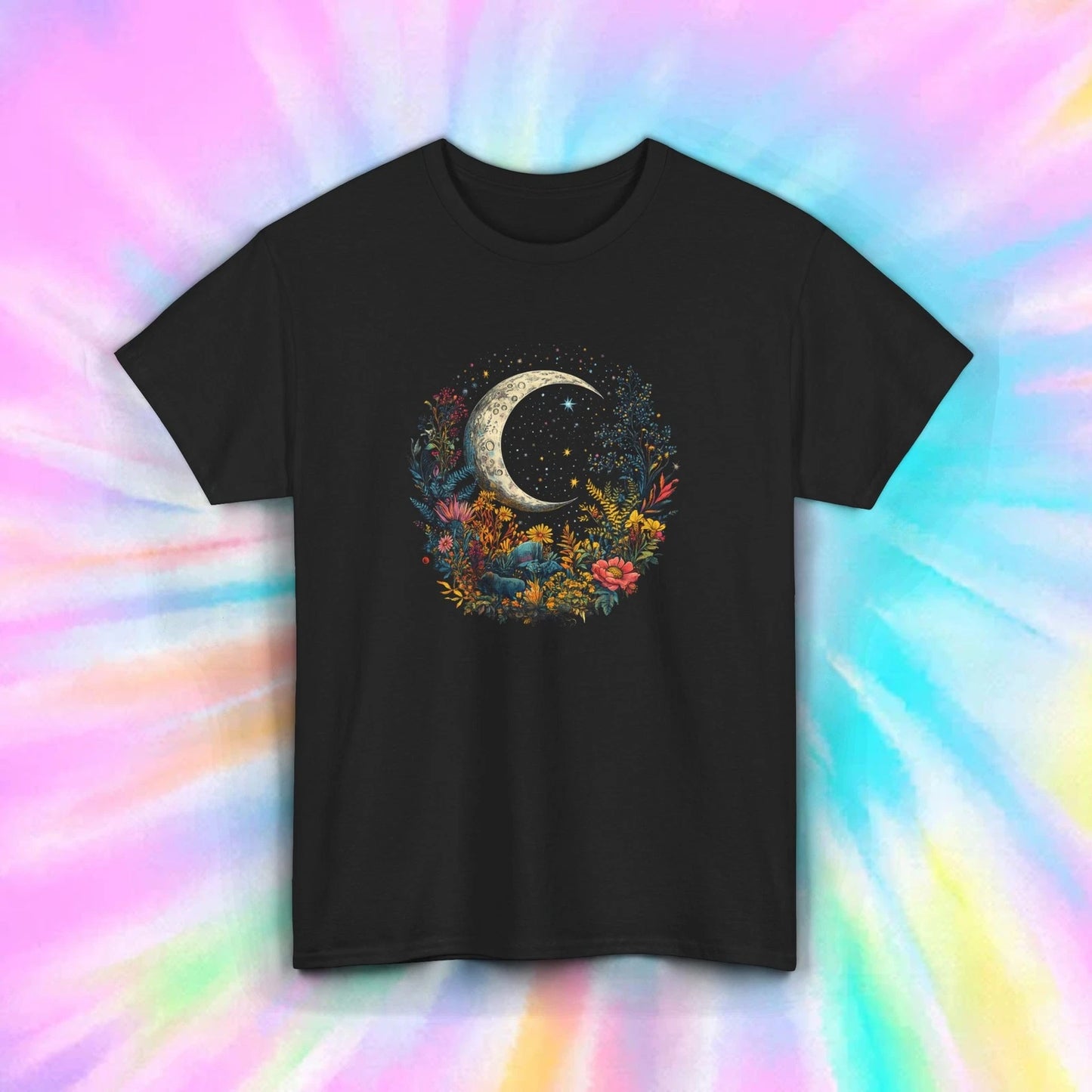 Celestial Moon and Flowers T-Shirt Boho Aesthetic Lunar Nature Tee S-5XL