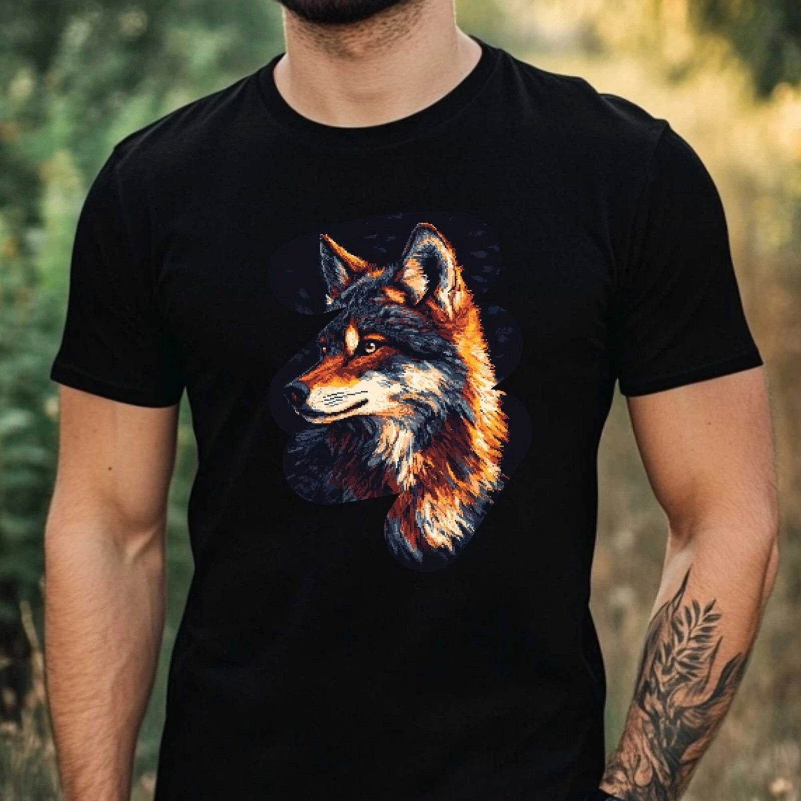 Mens Wolf Pixel Art Motif Cotton T-Shirt Size XS to 5XL