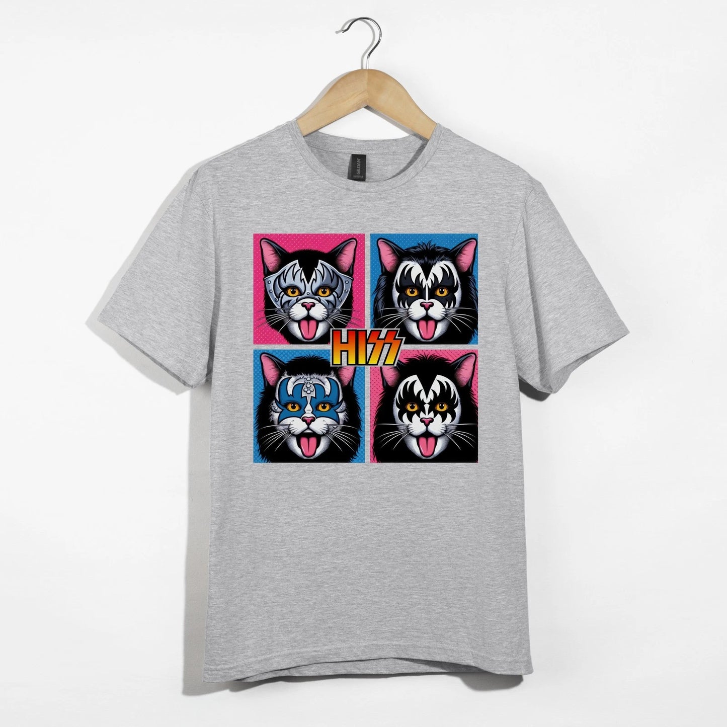 Funny HISS Cat Shirt, Glam Rock Band Cat Tee, Colorful Pop Art Cat T-Shirt