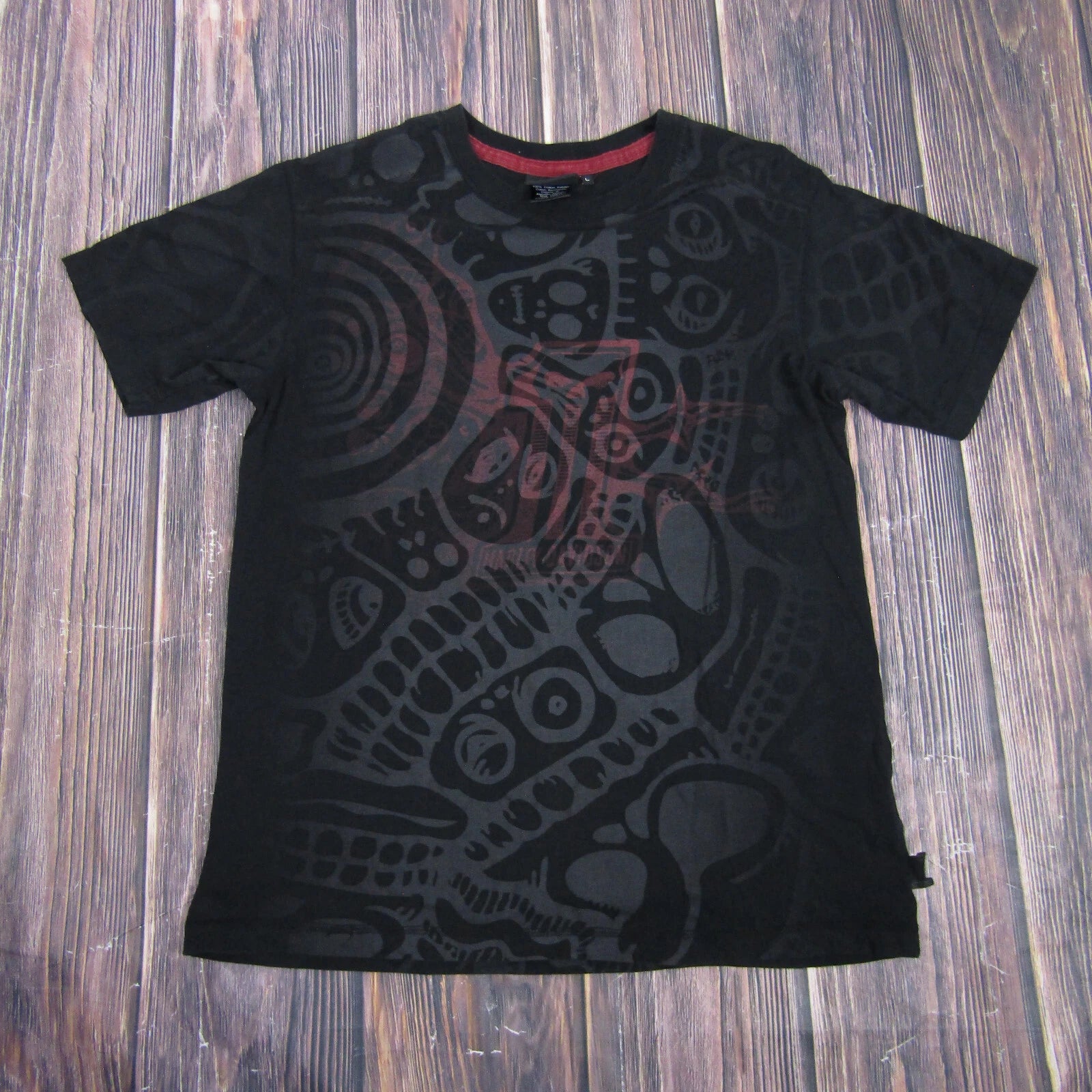 Harley Davidson Mens Large T Shirt Black All Over AOP Skull Biker Y2K Tribal