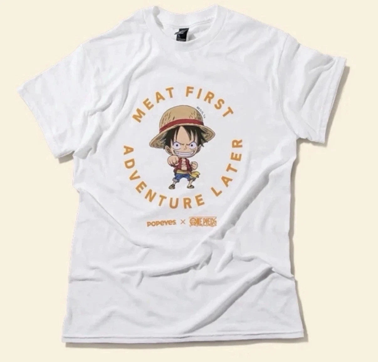 Popeyes x One Piece Luffy T-Shirt Medium Anime Graphic Tee White Rare Collab