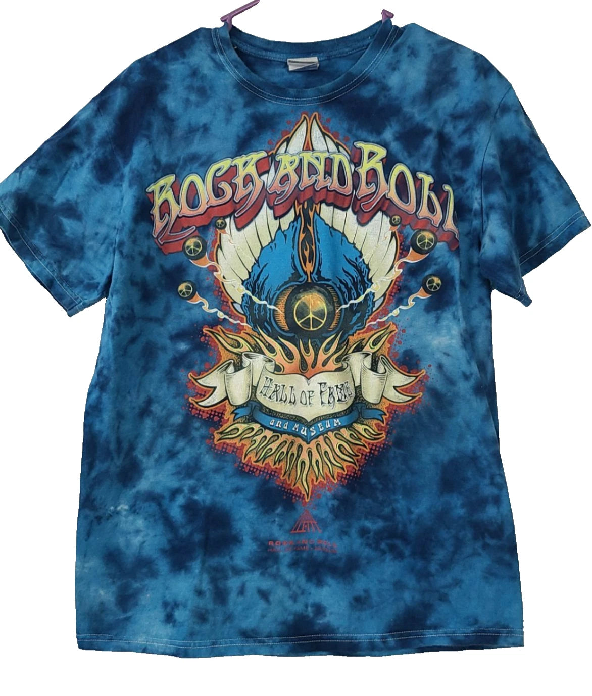 VTG Y2K Rock And Roll Mens T Shirt Medium Blue Tie Dye Short Sleeve Grunge