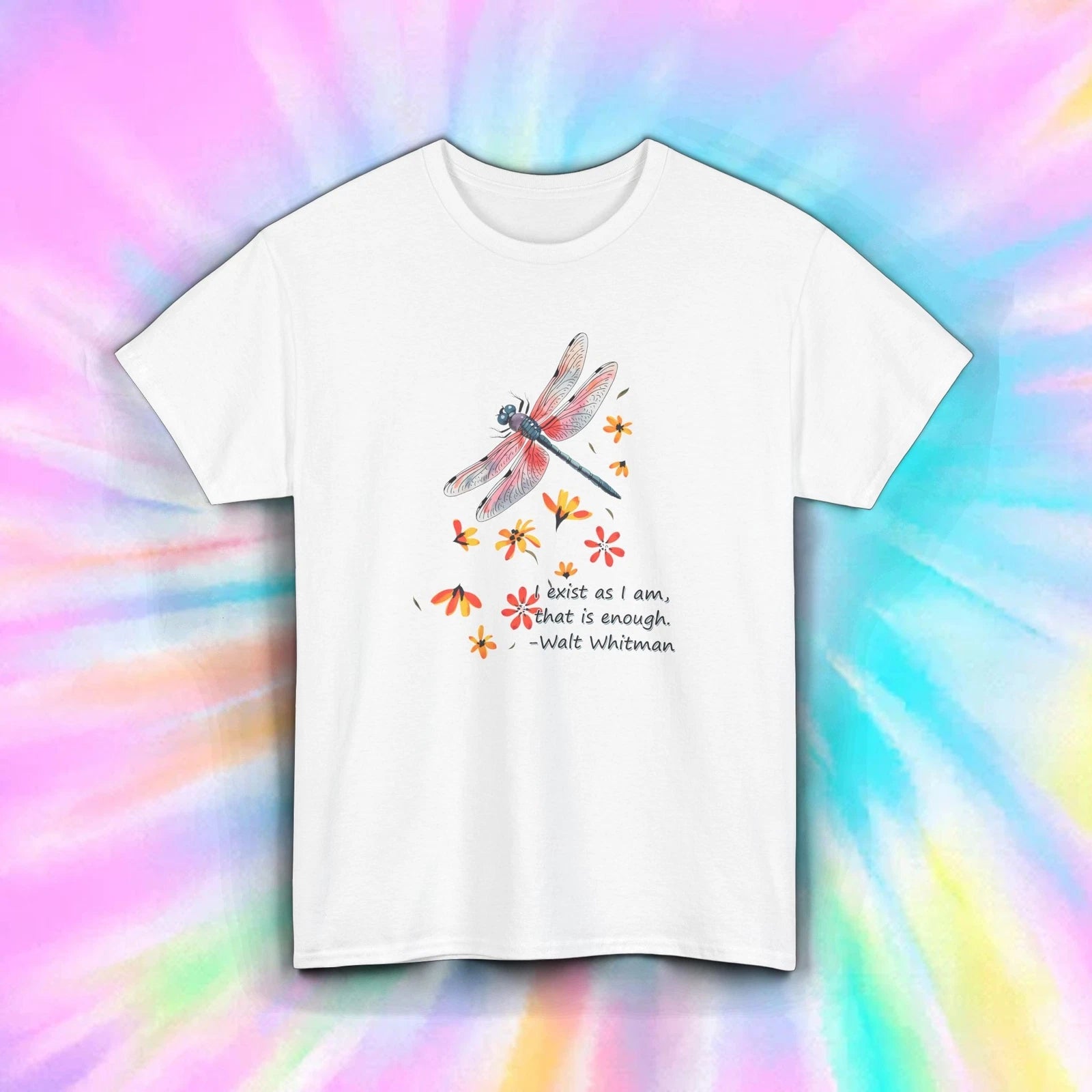 Walt Whitman Quote Shirt Dragonfly Floral Exist As I Am Poetic Tee S-5XL