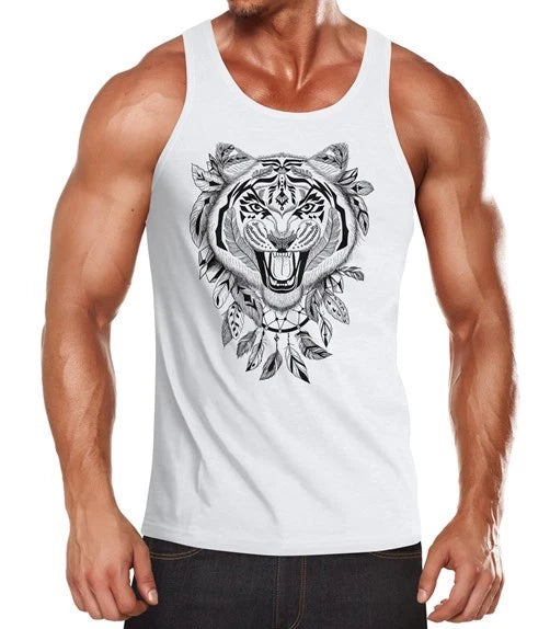 Mens Tank Top Tiger Boho Zentangle Bohamian Atzec Feathers Dreamcatcher