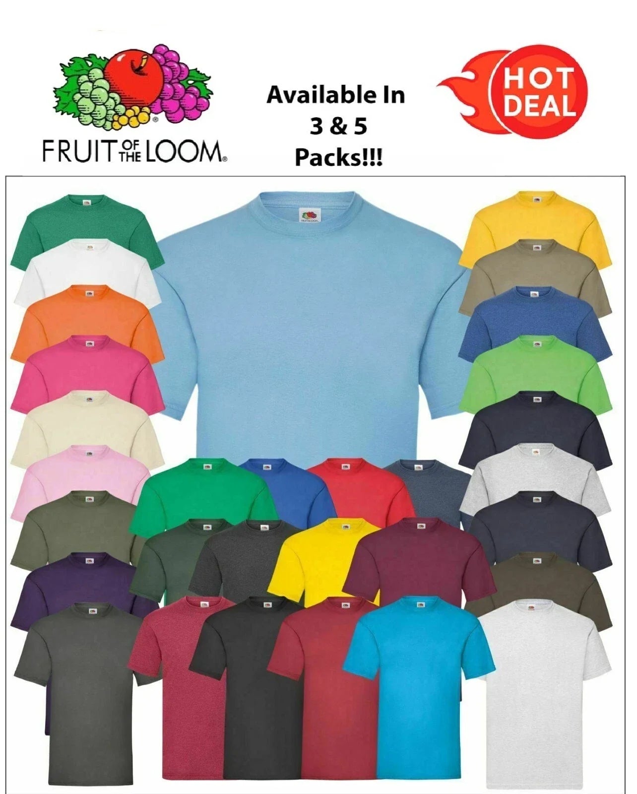 Tee Shirt Fruit Of The Loom 5 Or 3 Pack Mens 100% Cotton Plain T-Shirts T Shirt