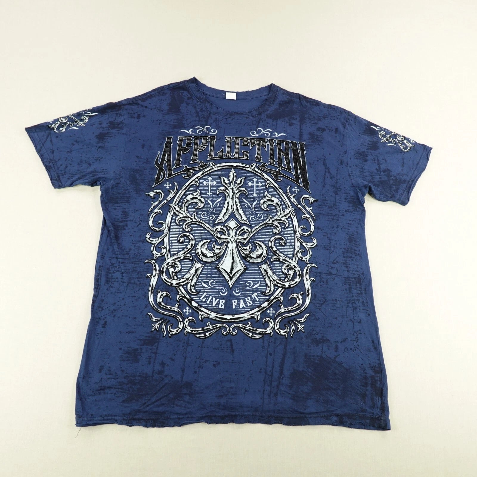 Affliction Shirt Mens 2XL XXL Blue Tie Dye Cross Live Past MMA Martial Arts Y2K