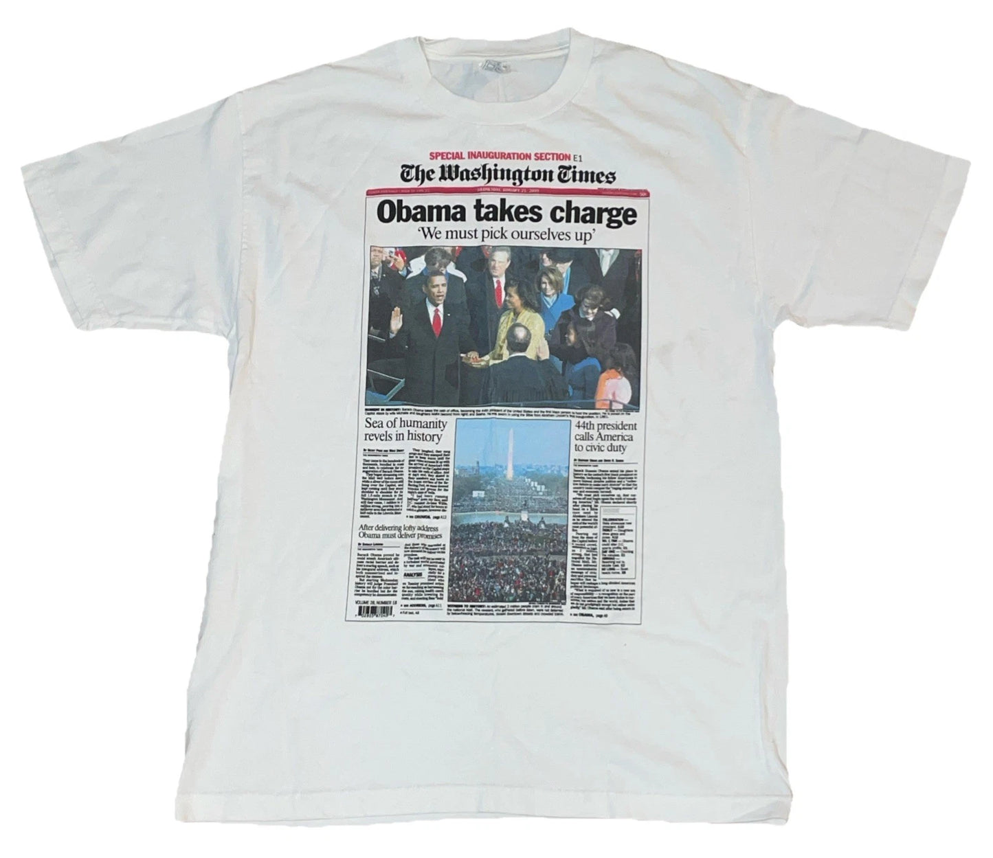 Y2K Obama Washington Times Newspaper Cover White Cotton T-Shirt Mens Large