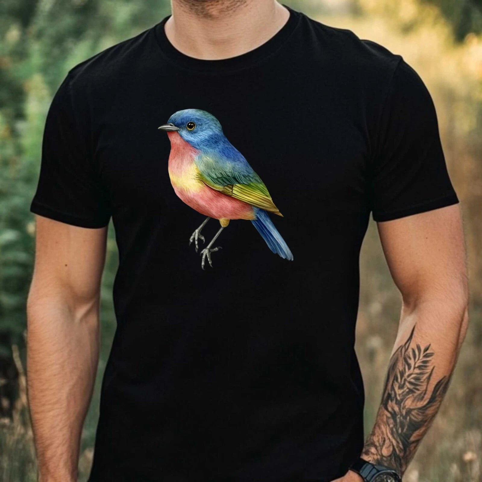 Mens Watercolour Bird Print Cotton T-Shirt Size XS to 5XL