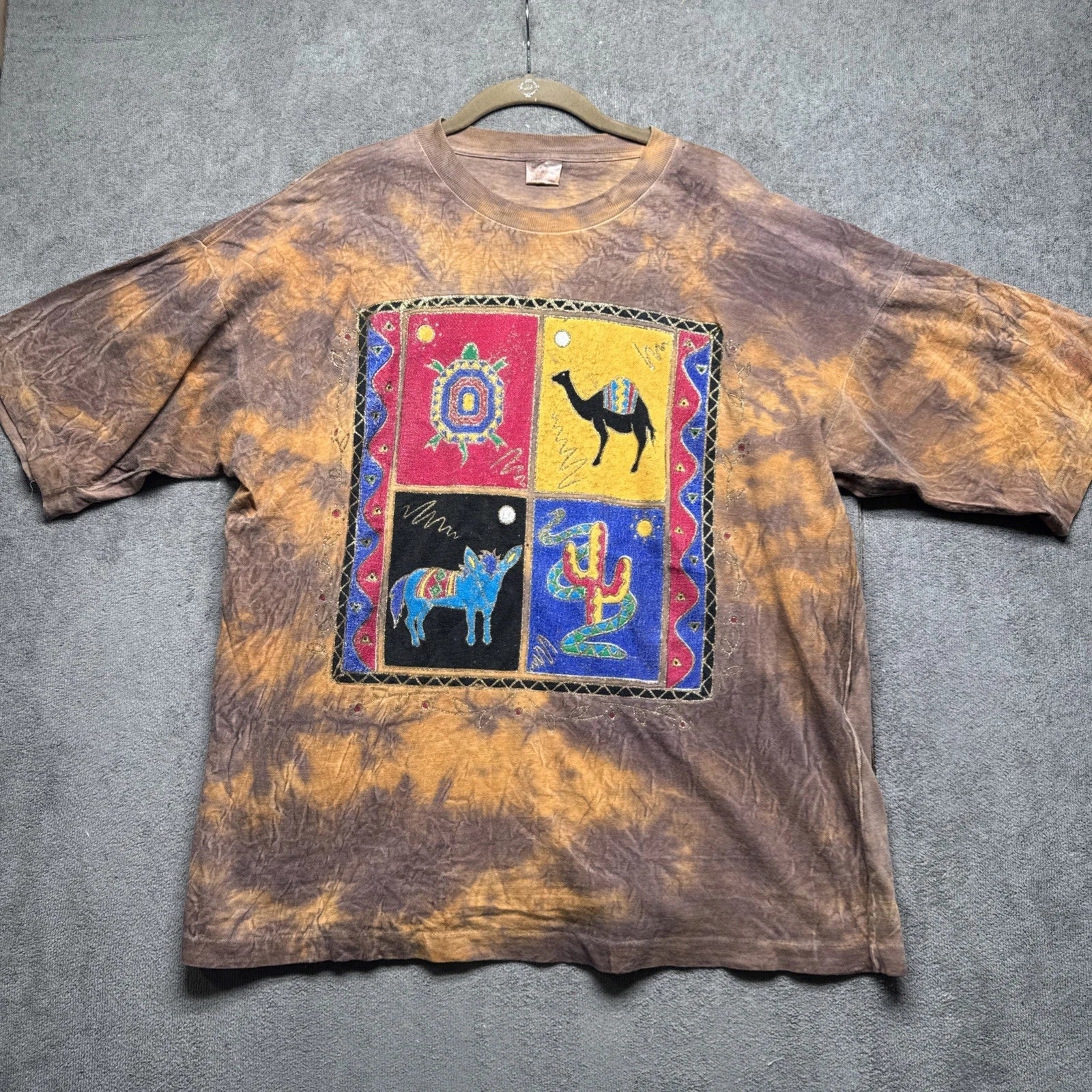 Vintage Southwestern Animal Graphic Tie Dye T-Shirt Brown Orange Single Stitch L