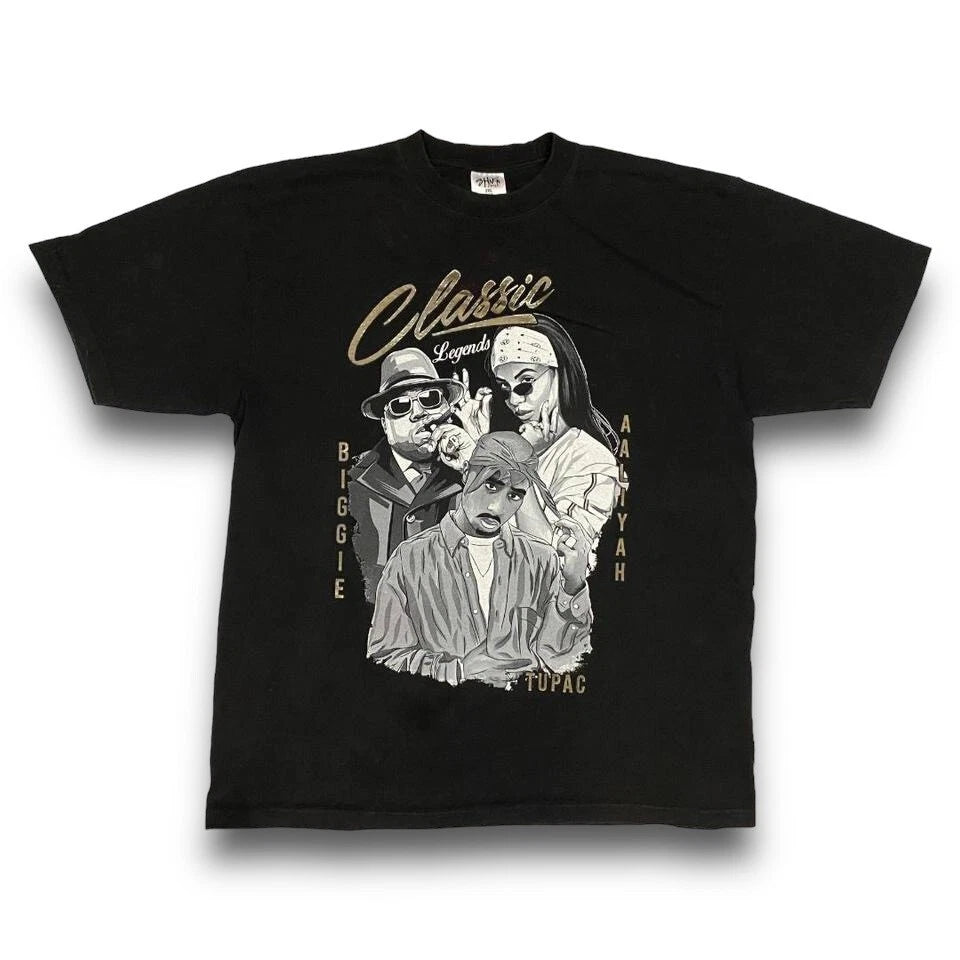 Y2K 00s Shaka Rap Legends Biggie Tupac Music Band T Shirt Adult 2XL Black Rare