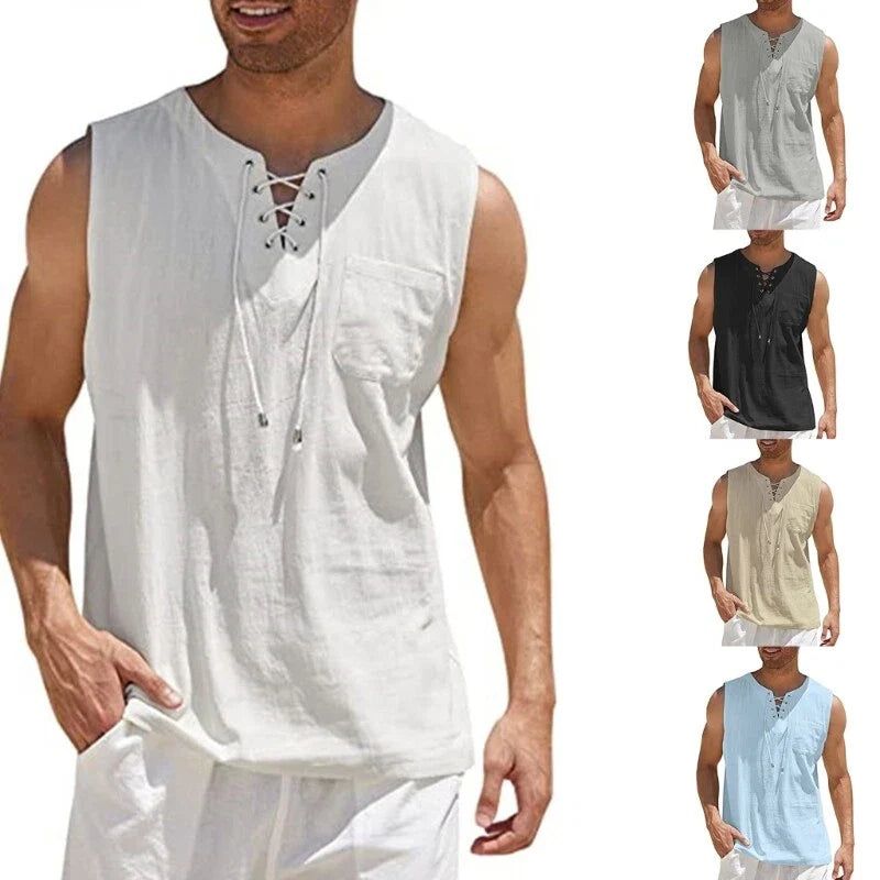Men Cotton Linen Lace-Up V-Neck Tank Top Sleeveless Casual Loose Beach T-Shirt
