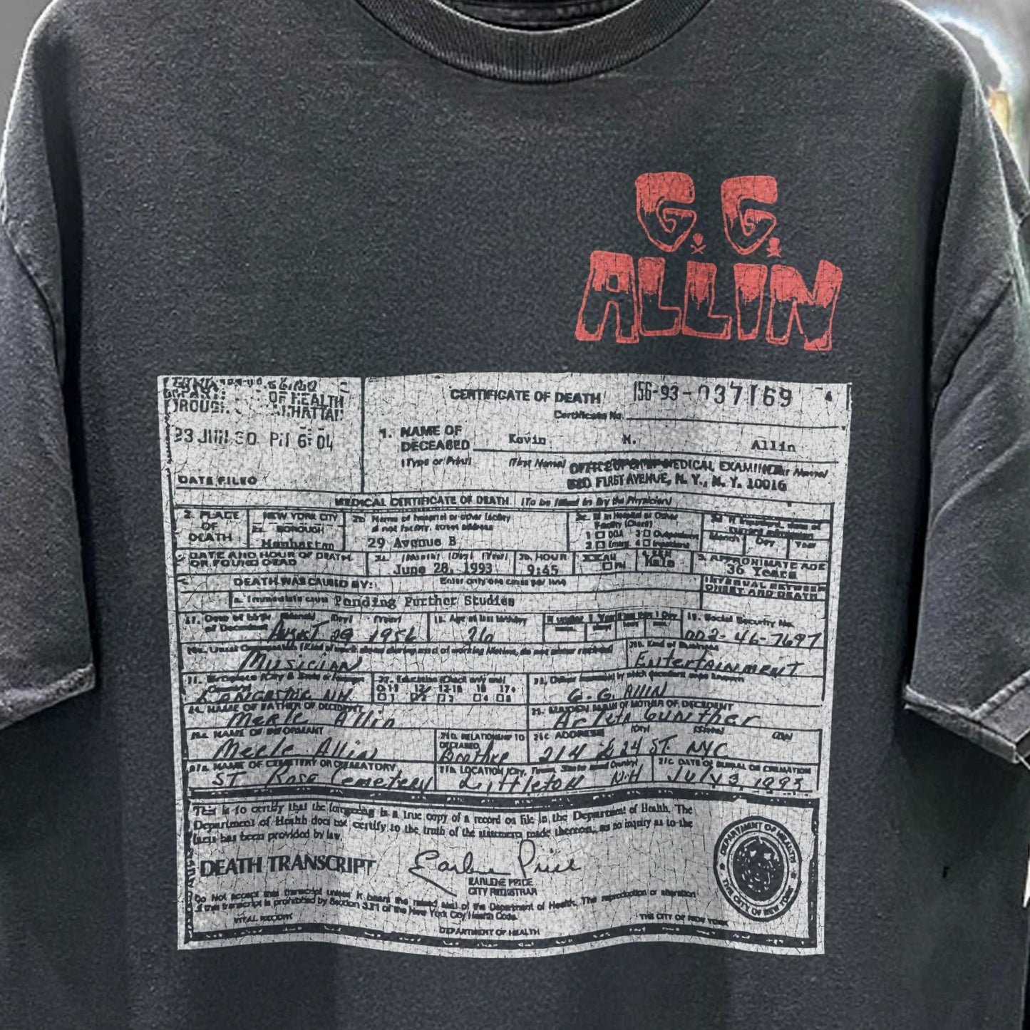 90s GG Allin Death Transcript Aged T-Shirt Black XL