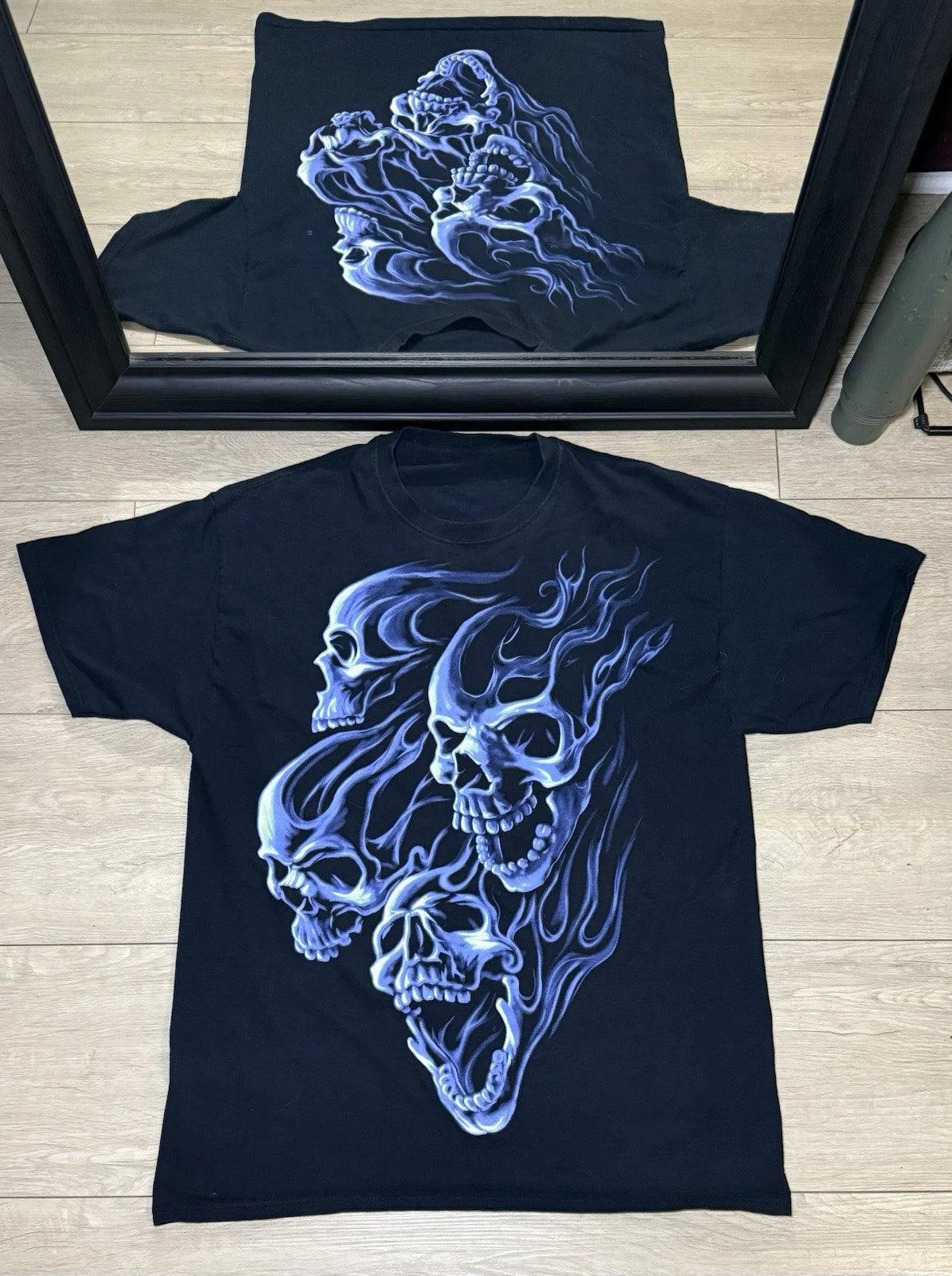 Y2K 2000s Blue Flaming Skulls Shirt