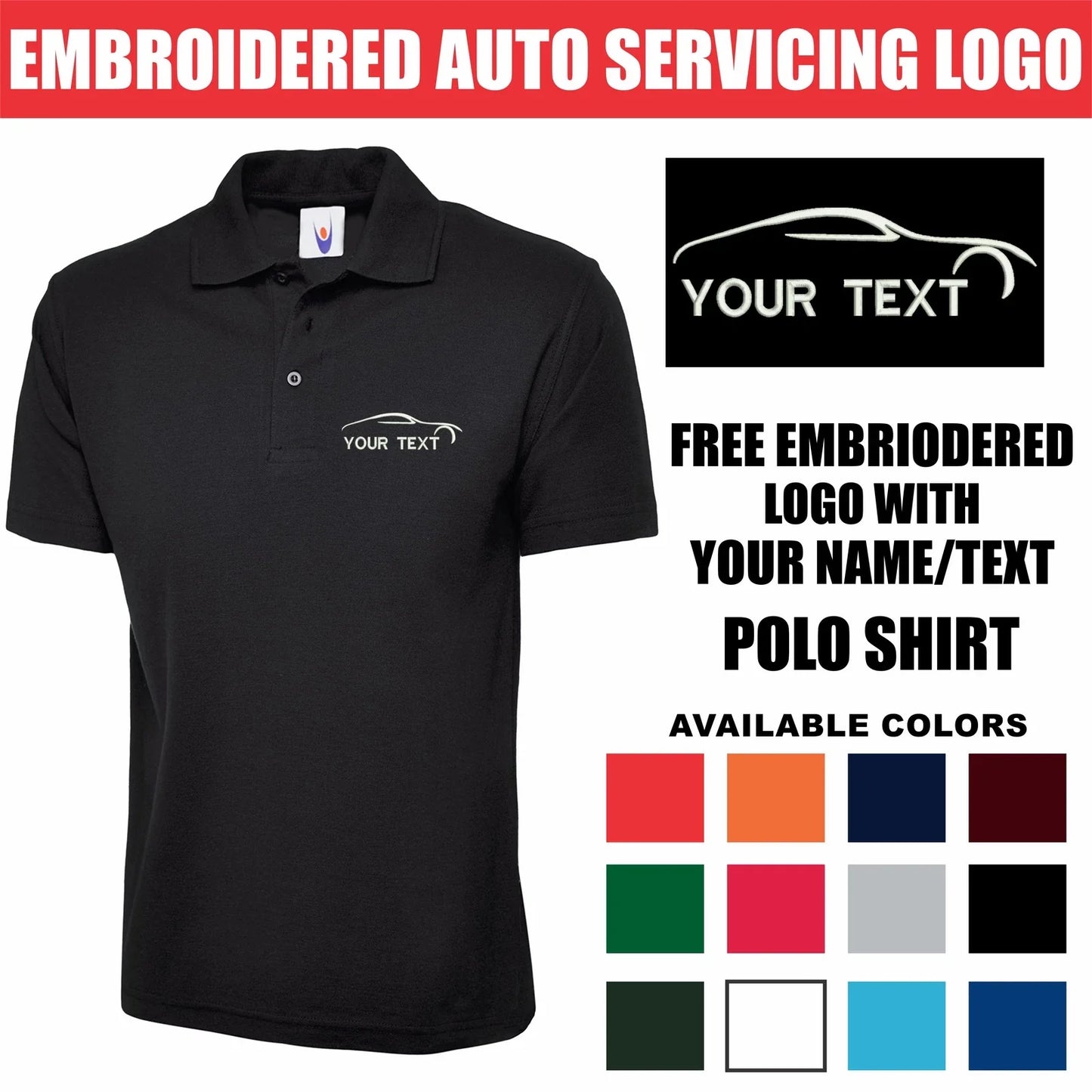 Personalised Embroidered Your Text Auto Polo Shirt, Mechanical Logo, Mechanics