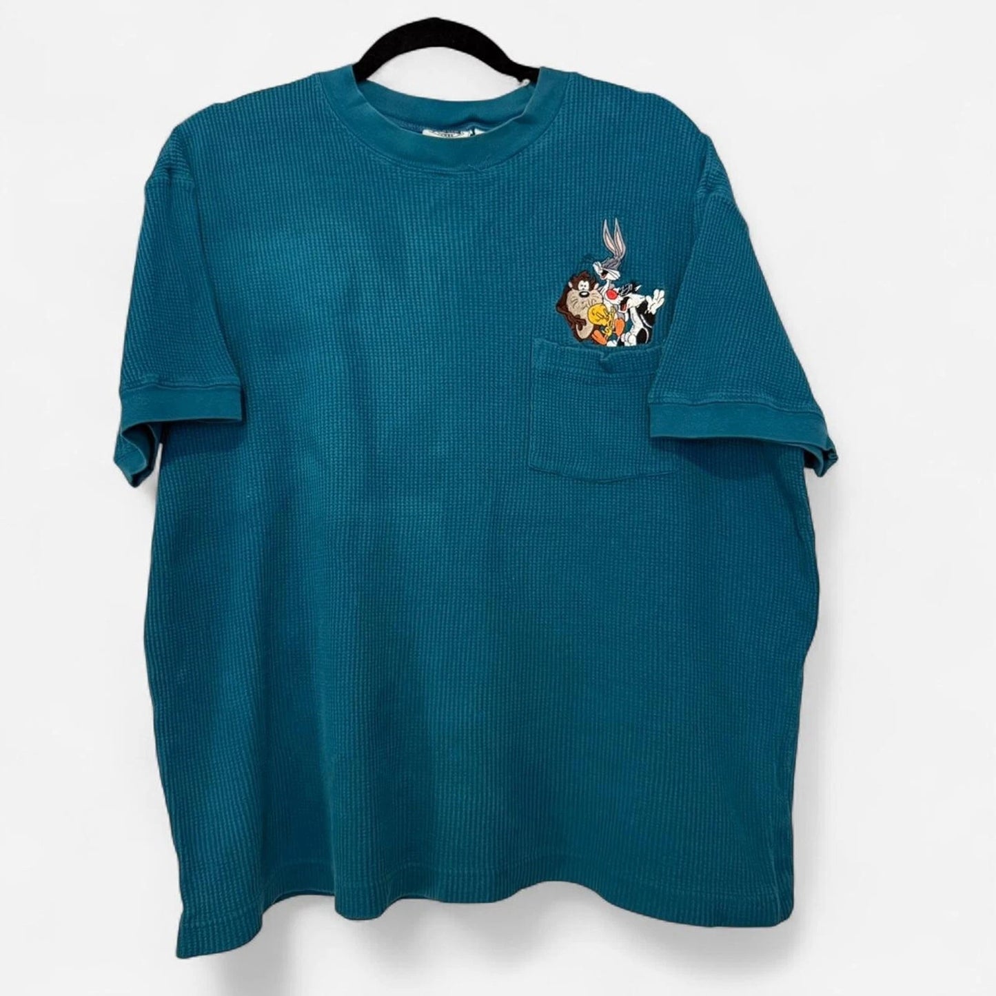 vtg Y2K Looney Tunes Waffle Knit Tee Teal Pocket Graphic Mens L