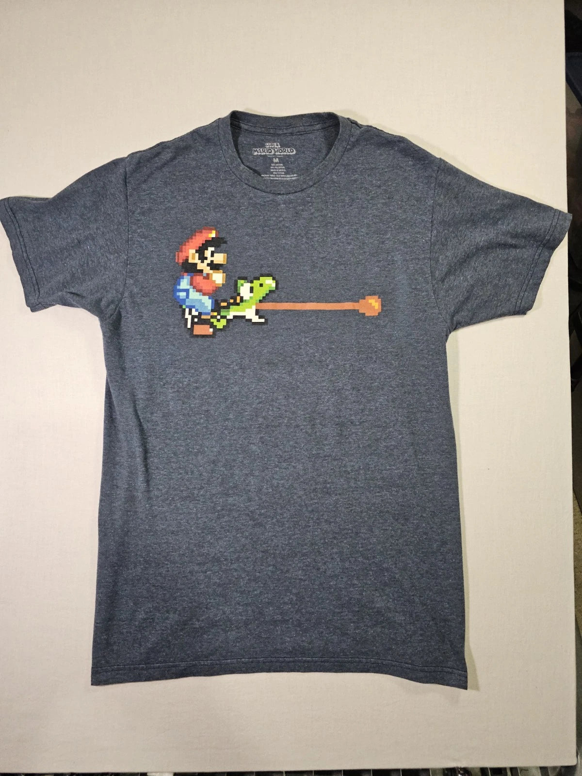 VINTAGE Nintendo Super Mario World Yoshi Pixel Art T-Shirt Grey Heather Men's M