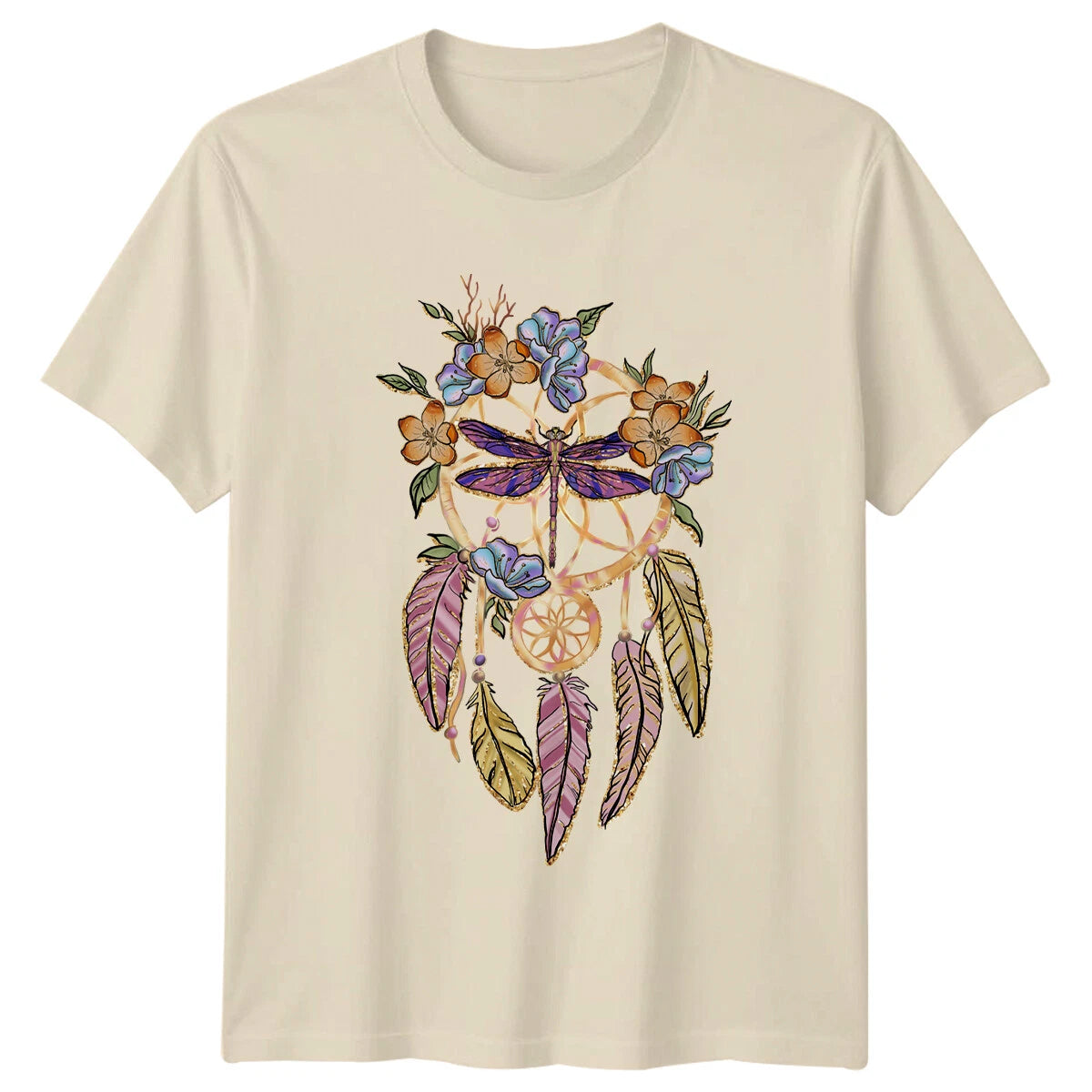 Dragonfly Dreamcatcher Floral T-Shirt Nature Boho Hippie Style